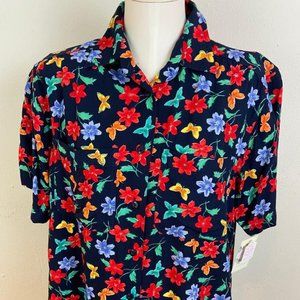 Vintage Christopher Banks Cotton Rayon Navy Blue Floral Blouse with Shoulder Pad